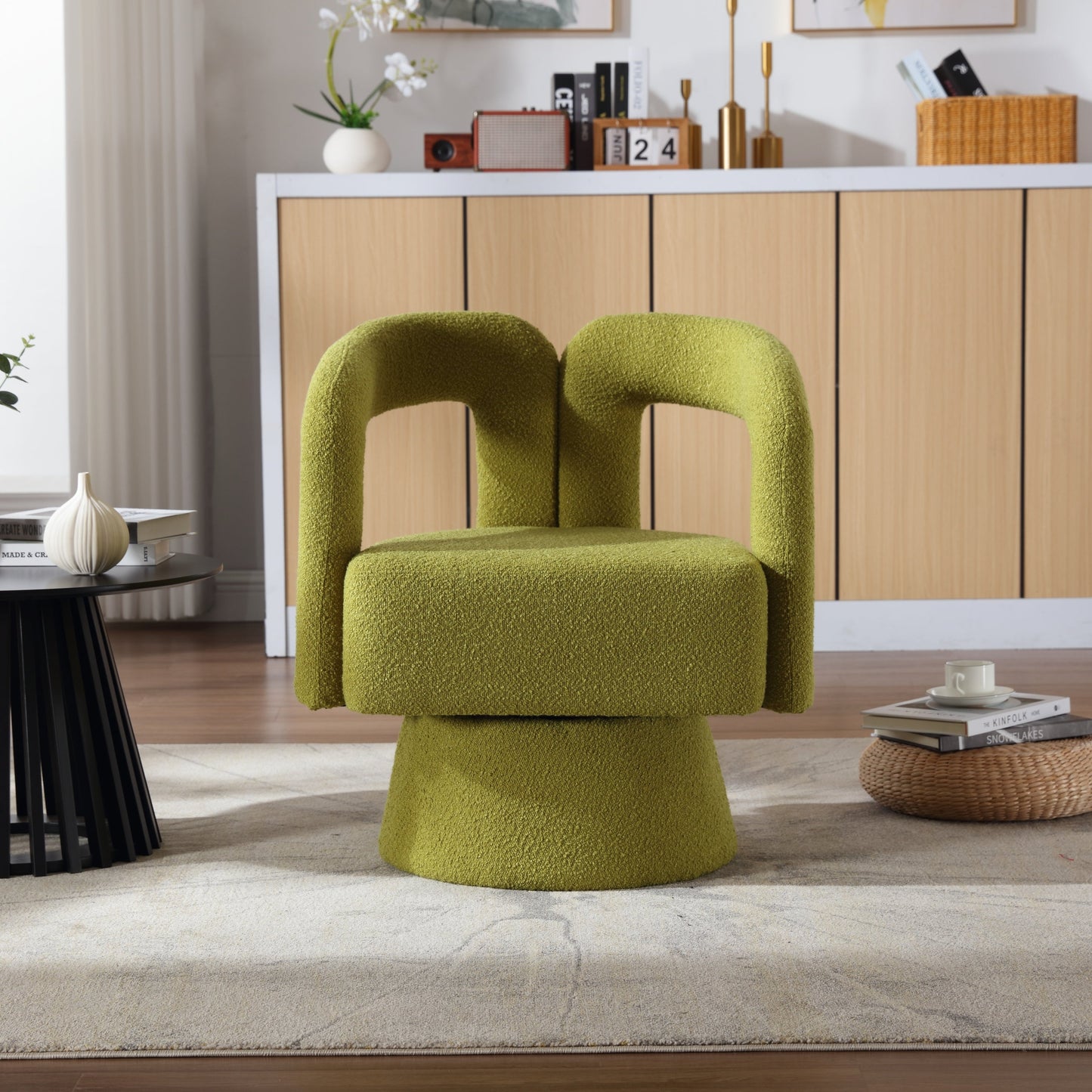 Olive Green Boucle 360-Degree Swivel Cuddle Barrel Chair