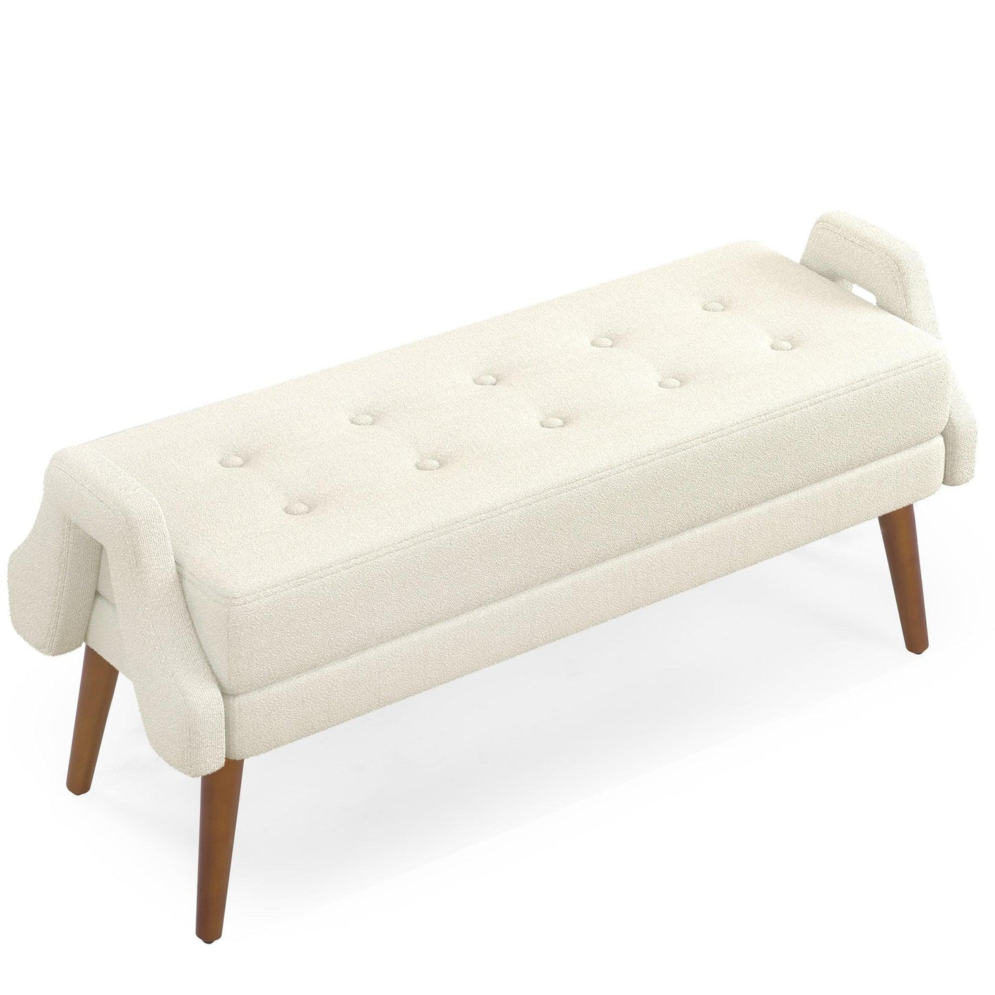 Contemporary Beige Yarn Fabric Bench with Soft Cushion and Unique Geometric Armrests