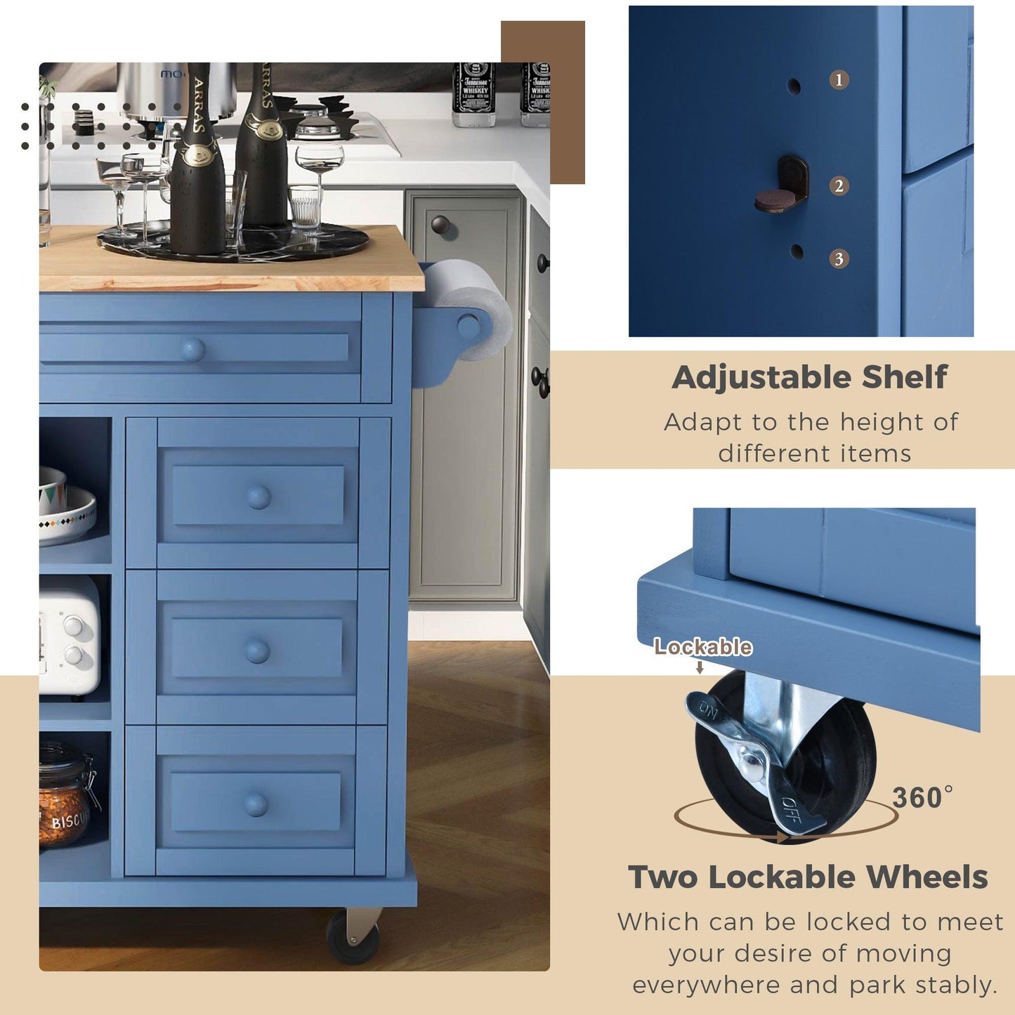 Blue Rolling Kitchen Island Cart with Rubber Wood Top and 5 Drawers for Storage - 53 Inch Length