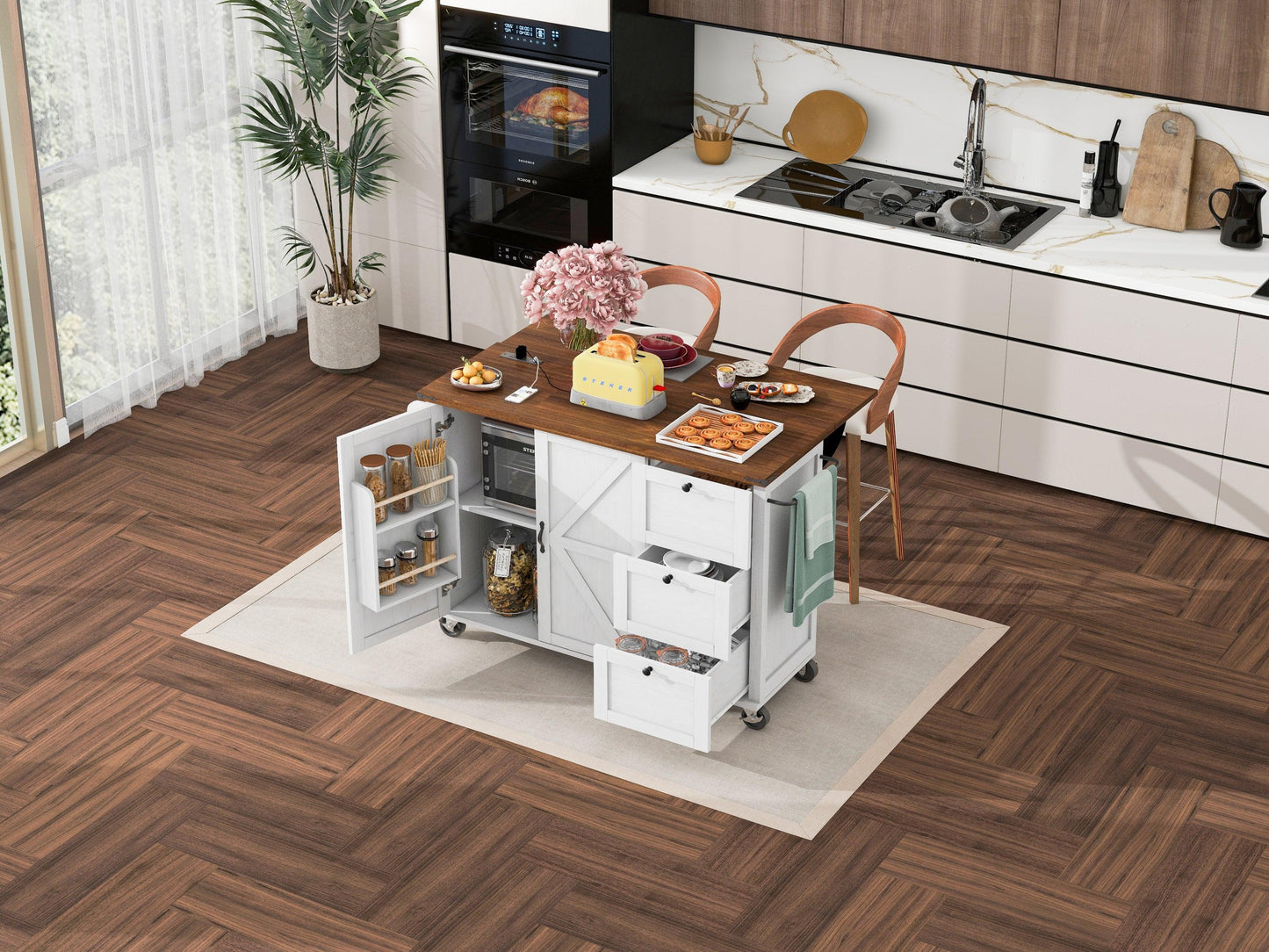 54.5" Rustic Farmhouse Kitchen Island with Power Outlet and Storage, Rolling Cart with Drop Leaf and Spice Rack, White Wood Finish