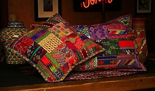 King size handmade huipil patchwork quilt set with matching pillow covers.