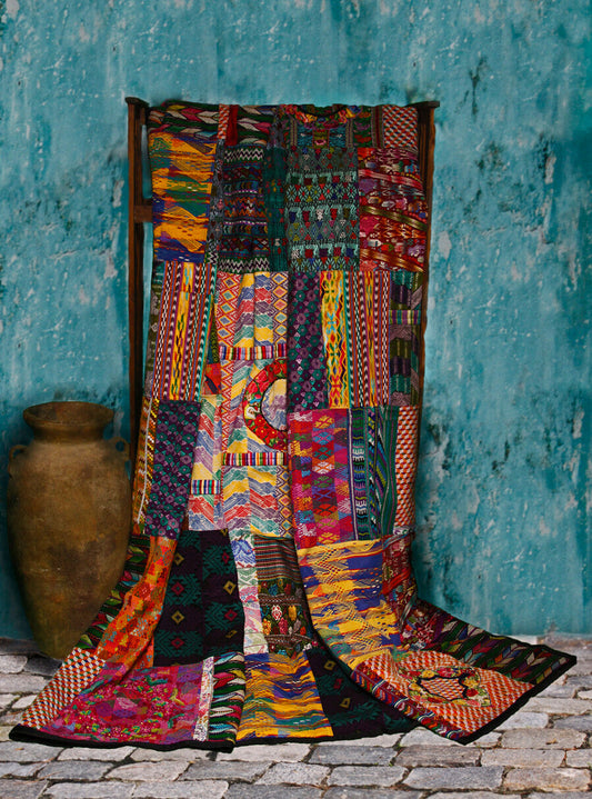 Handcrafted Queen-Sized Guatemalan Huipile Patchwork Quilt Set with Matching Pillow Covers