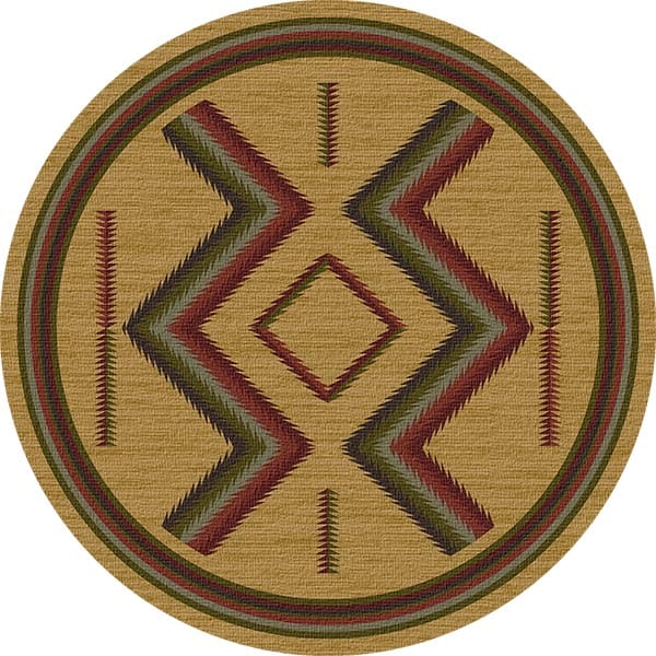 Chaco Canyon Solstice Area Rug, round Southwestern rug with diamonds in sand, burgundy, navy, sage, dusty rose.
