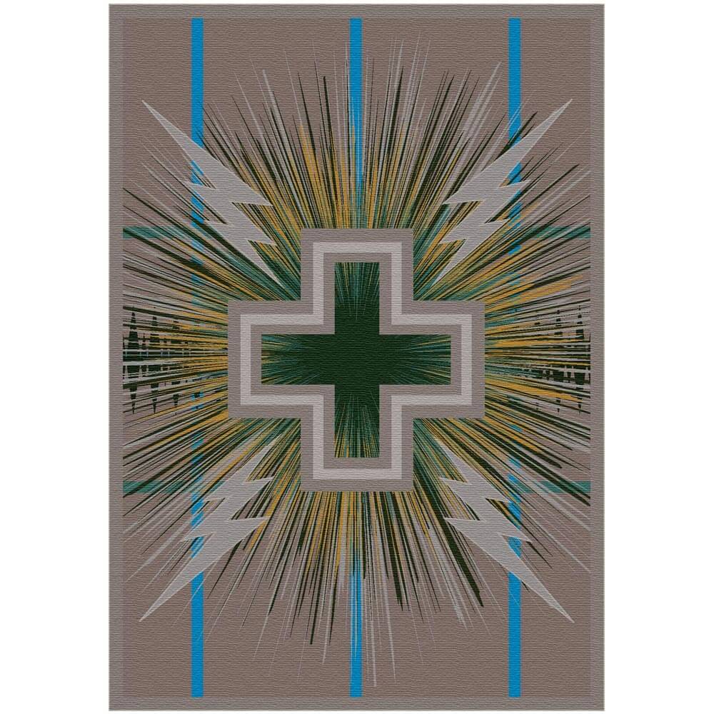 Green southwestern area rug with a cross and lightning bolt design.