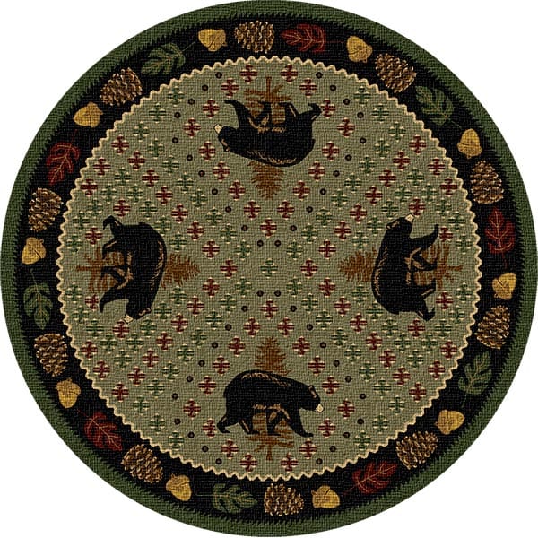 Bear Ridge Green Round Lodge Area Rug with bear patchwork and pinecone border.
