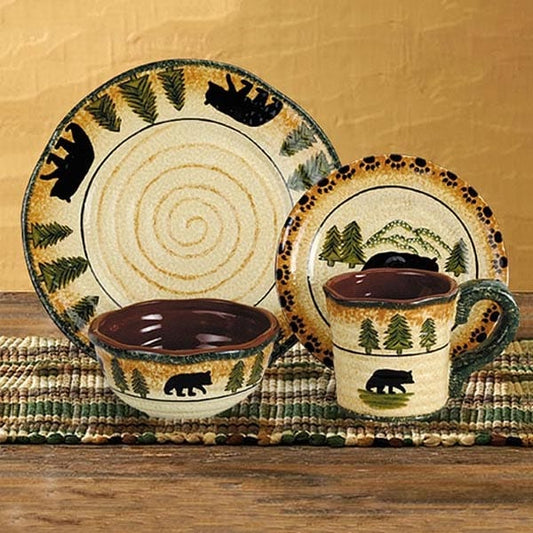 Rustic Black Bear Forest Dinnerware Set from Cabinplace.com showcases hand-painted bears in a forest scene.