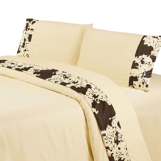 Luxurious Cowhide Sheet Sets - Cream with faux suede accents, perfect for a stylish western-themed bedroom.