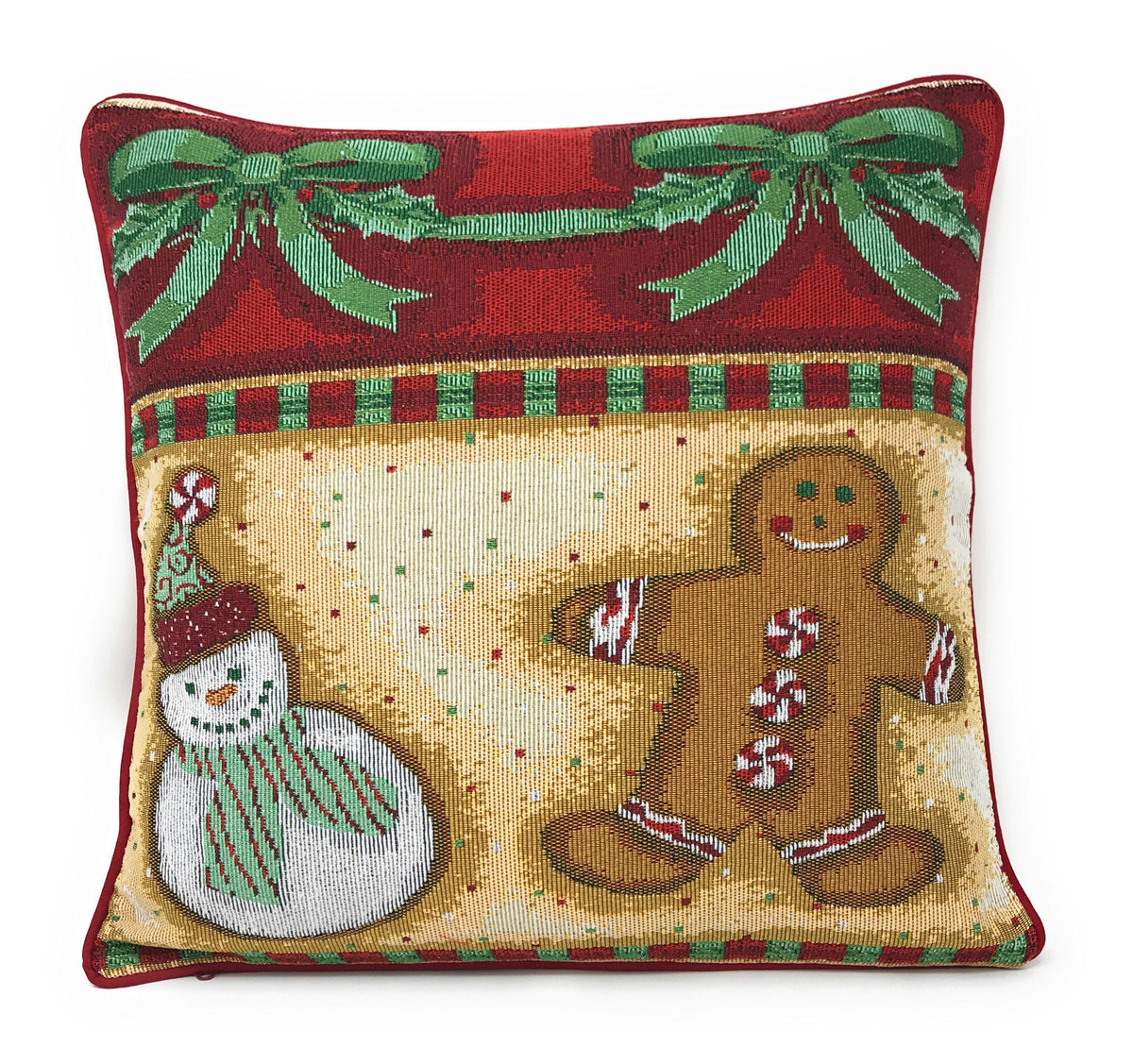 Four 16x16 inch Christmas pillow covers: Santa, snowman, gingerbread designs.