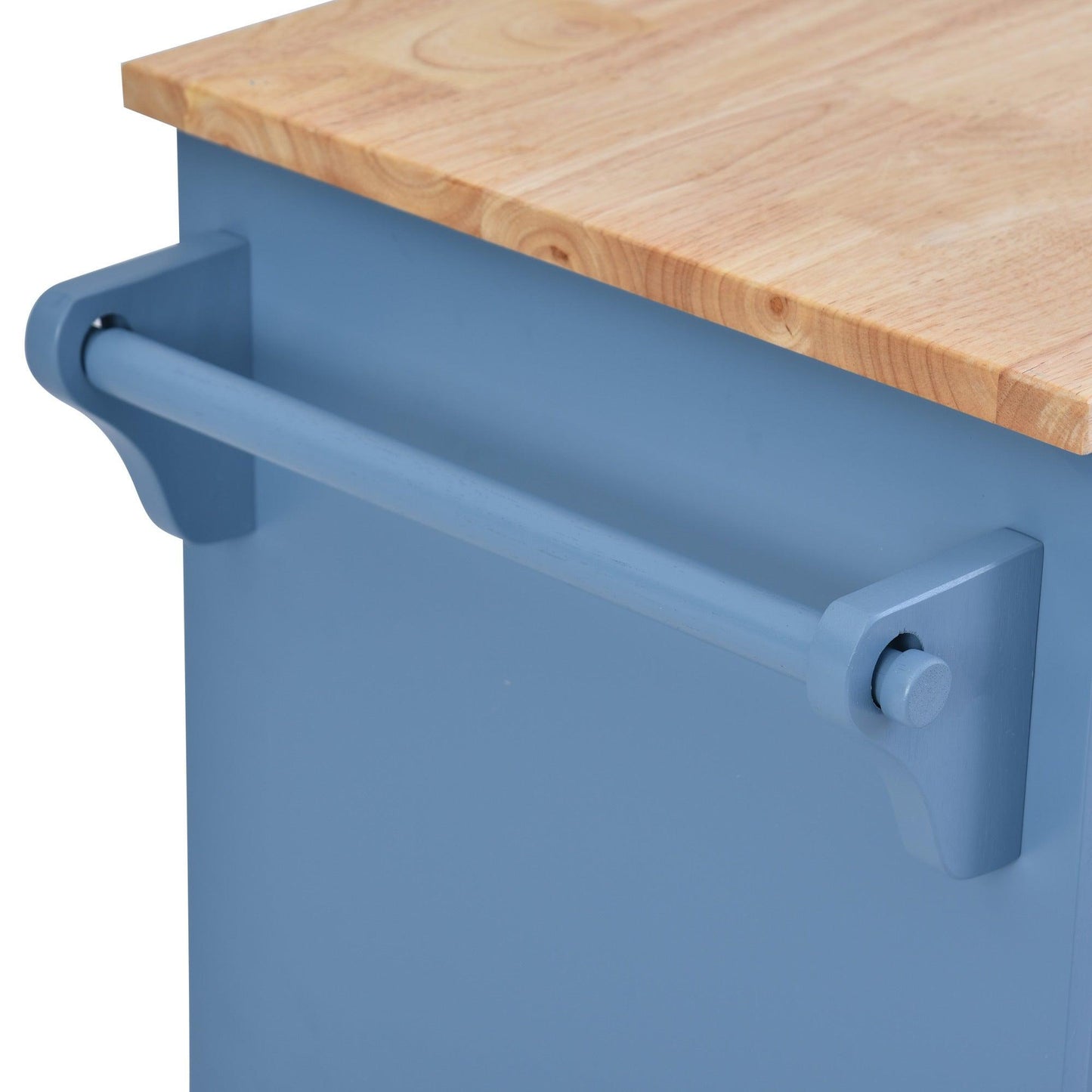 Blue Rolling Kitchen Island Cart with Rubber Wood Top and 5 Drawers for Storage - 53 Inch Length