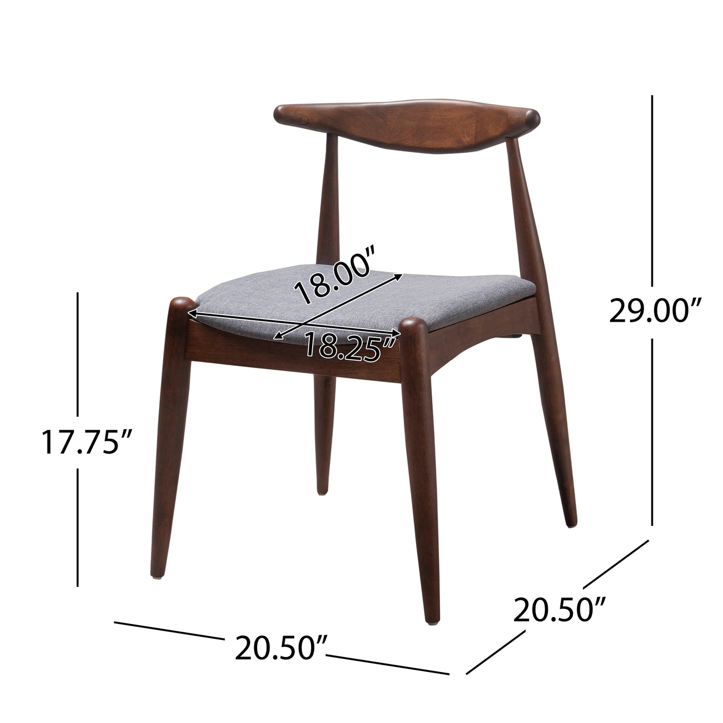 5-piece dining set with rubberwood frame, walnut faux wood tabletop, and light gray chairs.