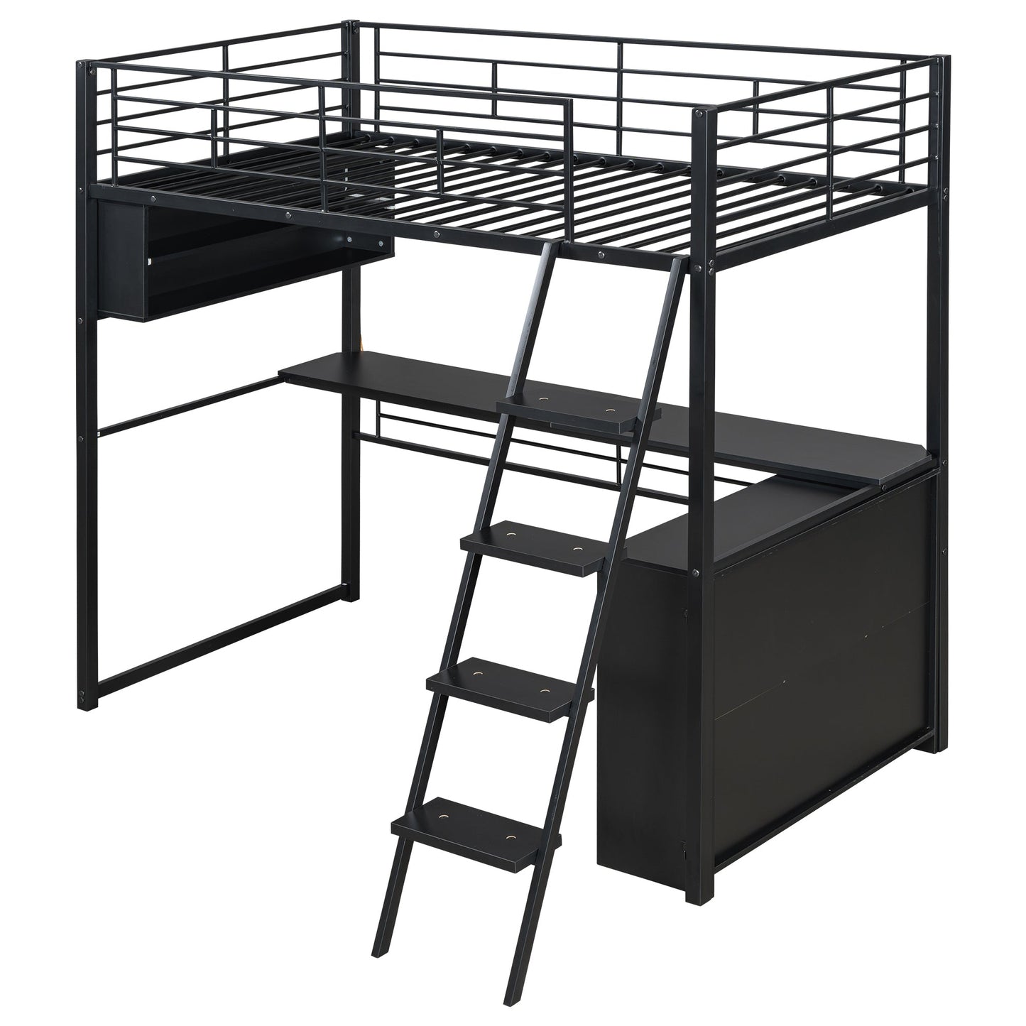 Twin Size Metal Loft Bed with LED, Desk and 4 Storage Shelves, Black