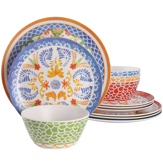 Laurie Gates California Designs Tierra 12 Piece Bamboo Fiber Dinnerware Set In Multi-Color With Assorted Designs