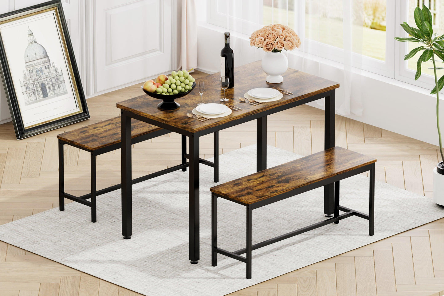 Rustic Industrial Dining Table Set with Benches for Kitchen, Living Room, and Party Spaces - Space-Saving Design, Easy Assembly, 4-Person Capacity