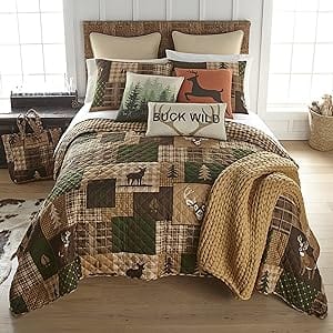 Cozy up your bedroom with the Buck Wild Checkered Quilt Set, featuring a classic deer and plaid pattern.