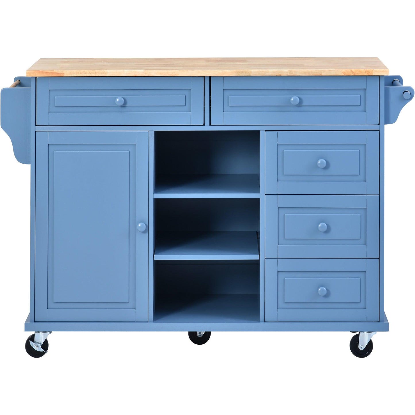 Blue Rolling Kitchen Island Cart with Rubber Wood Top and 5 Drawers for Storage - 53 Inch Length