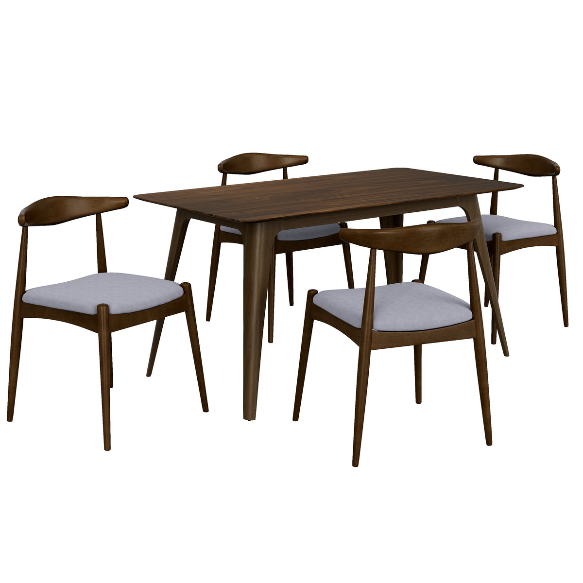 5-piece dining set: rubberwood frame, walnut faux wood table, light gray chairs.