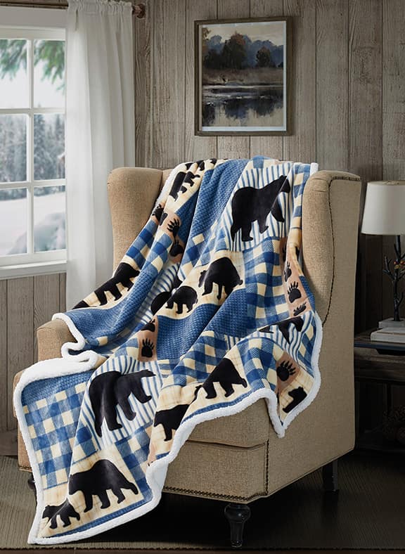 Cozy Bear Mountain Blues Sherpa Flannel Blanket