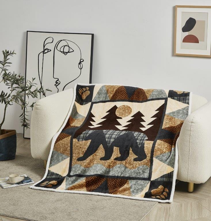 Cozy Bear Design Flannel Sherpa Blanket