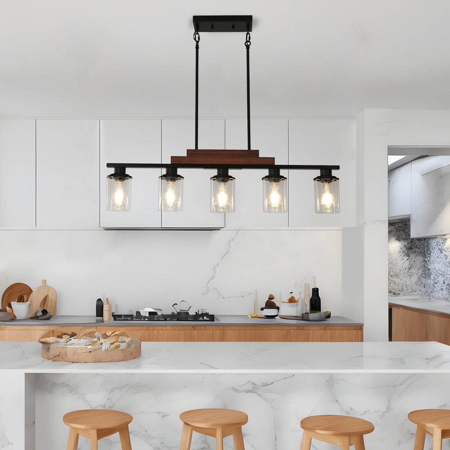 Adjustable 5-Light Farmhouse Industrial Pendant Chandelier with Clear Glass Shades for Kitchen and Dining Spaces