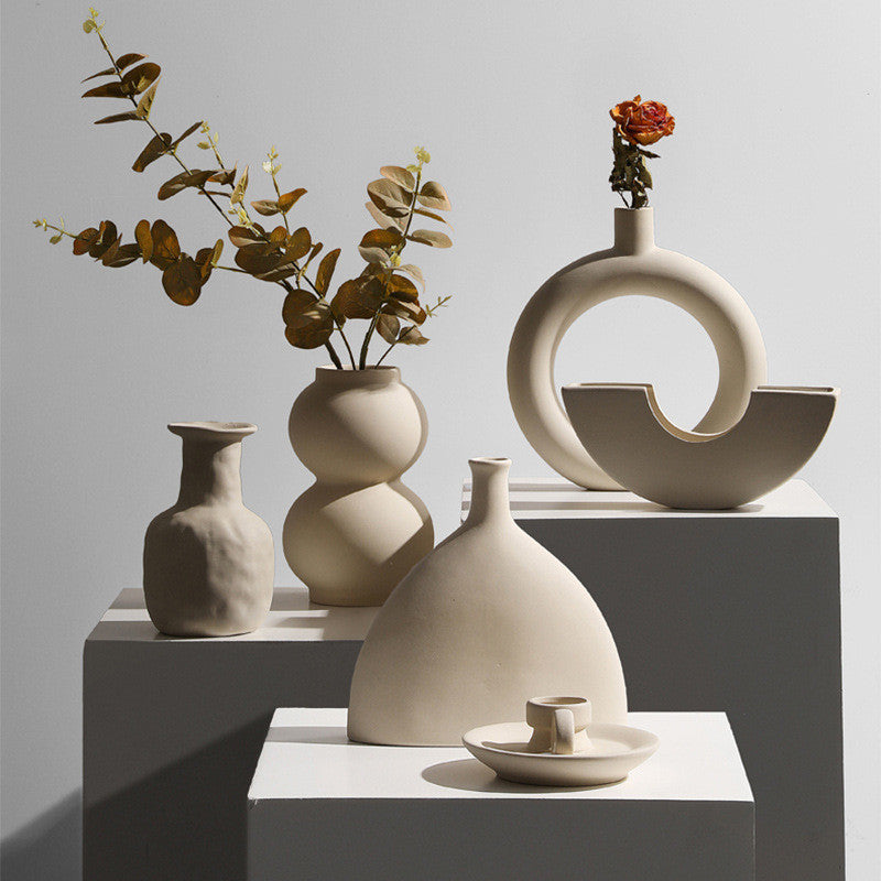 Taupe ceramic vase and candle holder set, modern minimalist decor