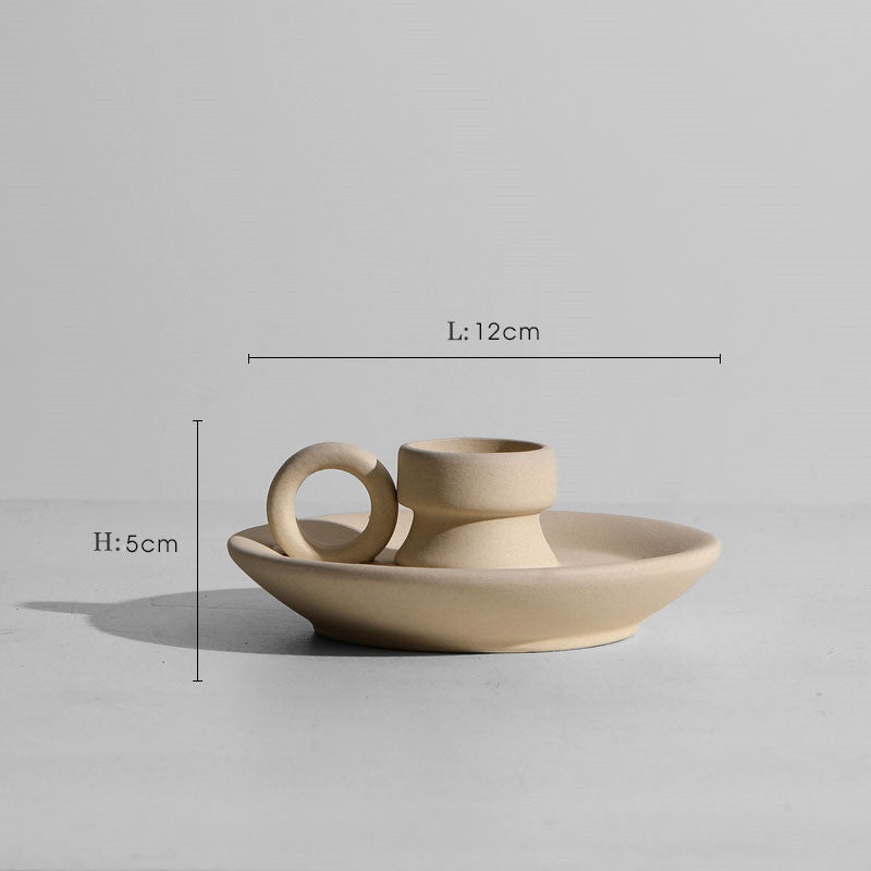 Taupe ceramic vase set with matching candle holders, modern minimalist decor.