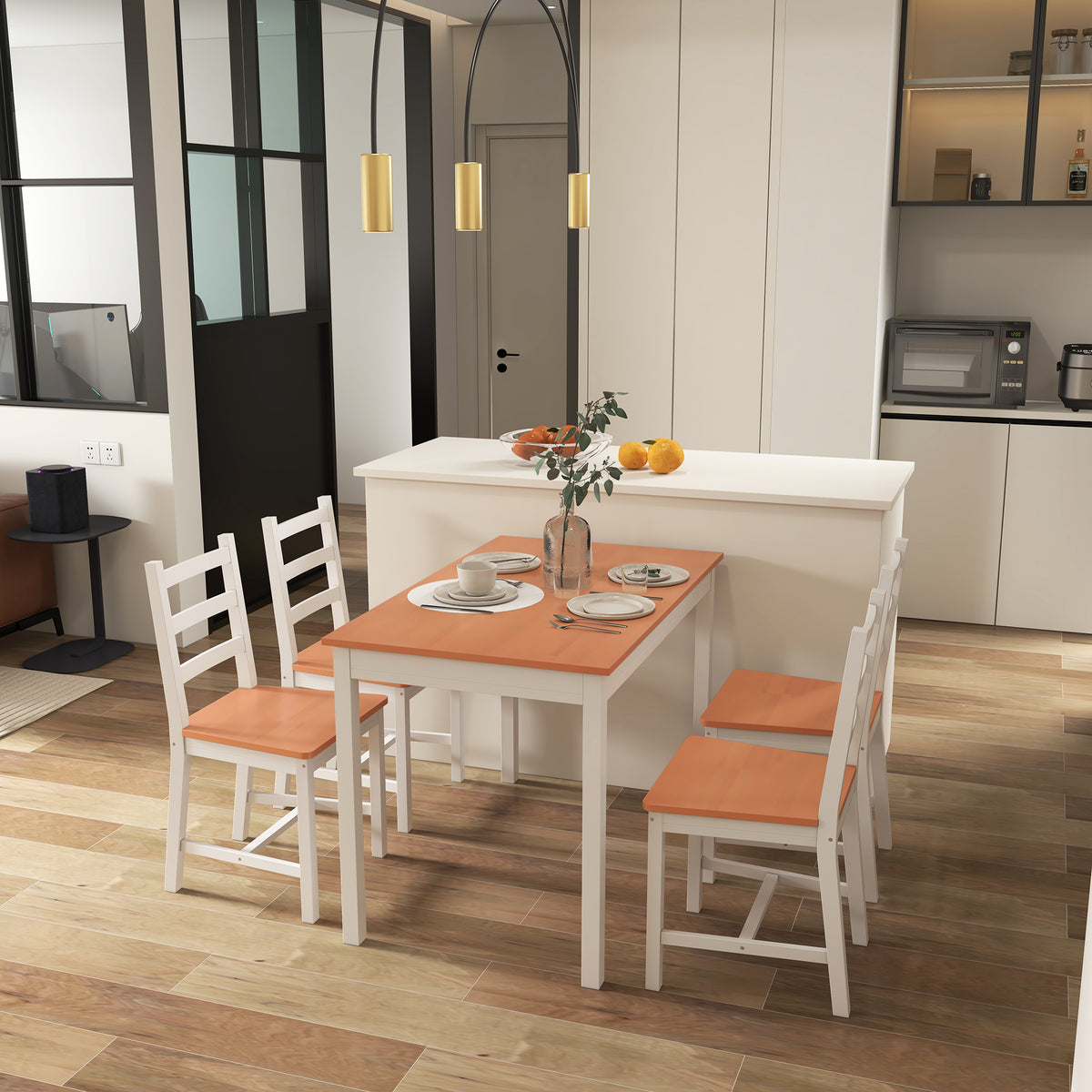 White solid wood dining set for four with modern table and chairs.