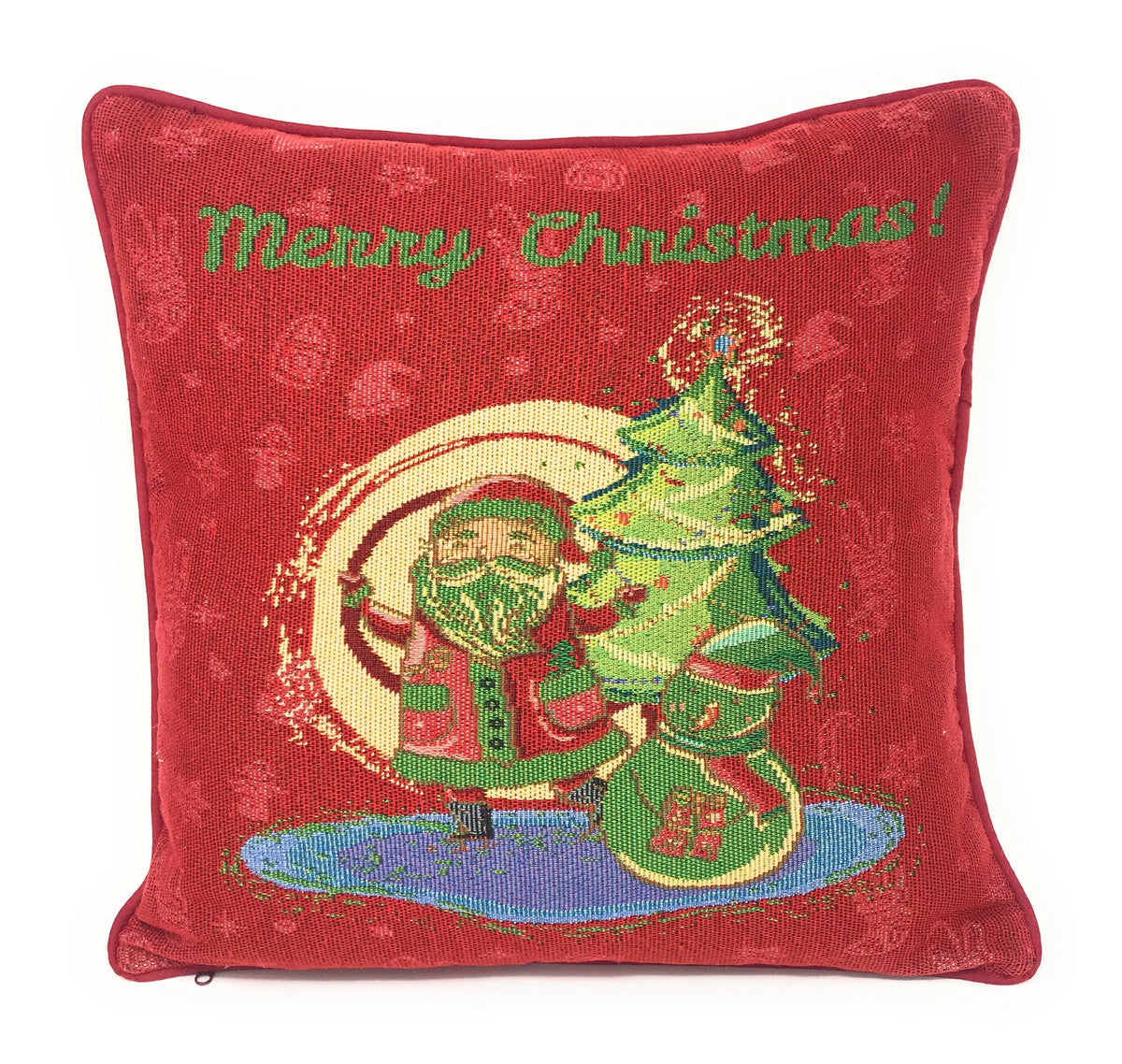 Four 16x16 Christmas pillow covers: Santa, snowman, gingerbread man, and snowflake designs.