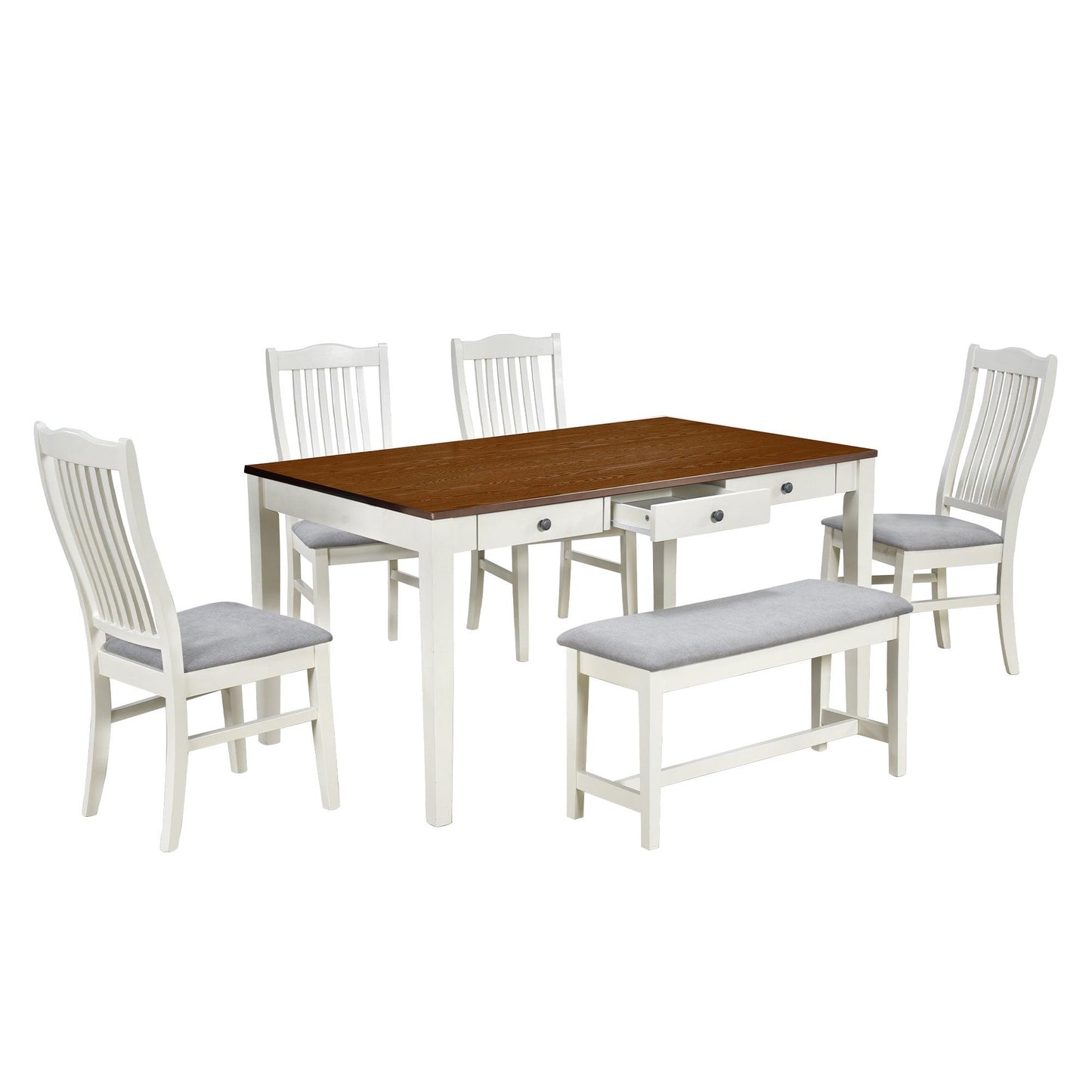 Mid-Century 6-Piece Wood Dining Table Set with Drawer