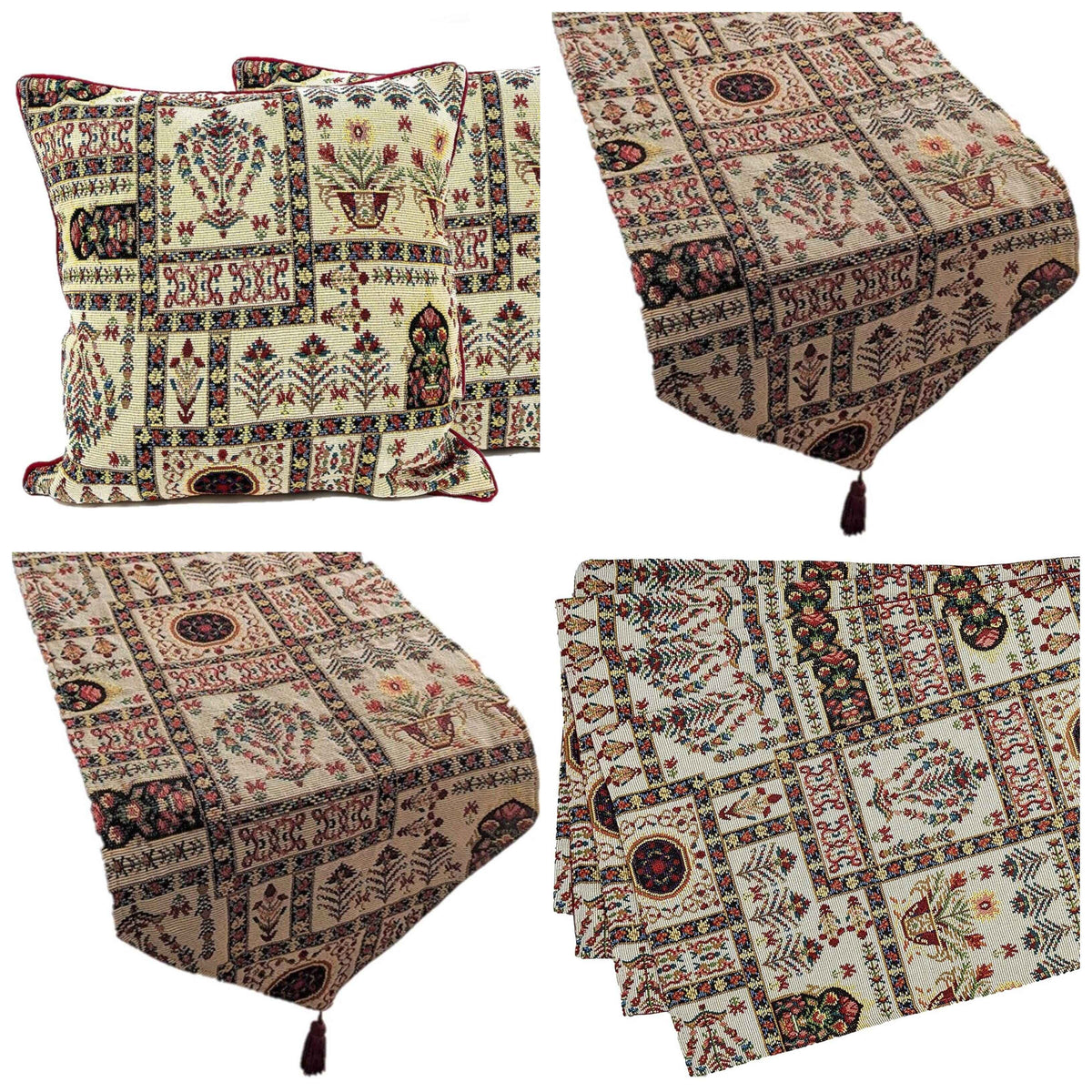 Elevate Your Dining Experience with the Mughal Floral Table Tapestry Set – 8-Piece Ensemble