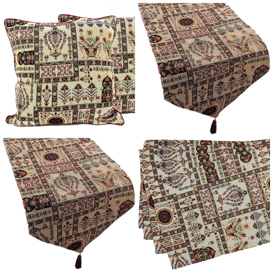 DaDa Mughal floral table tapestry set with 8 placemats, runners, and pillow covers.