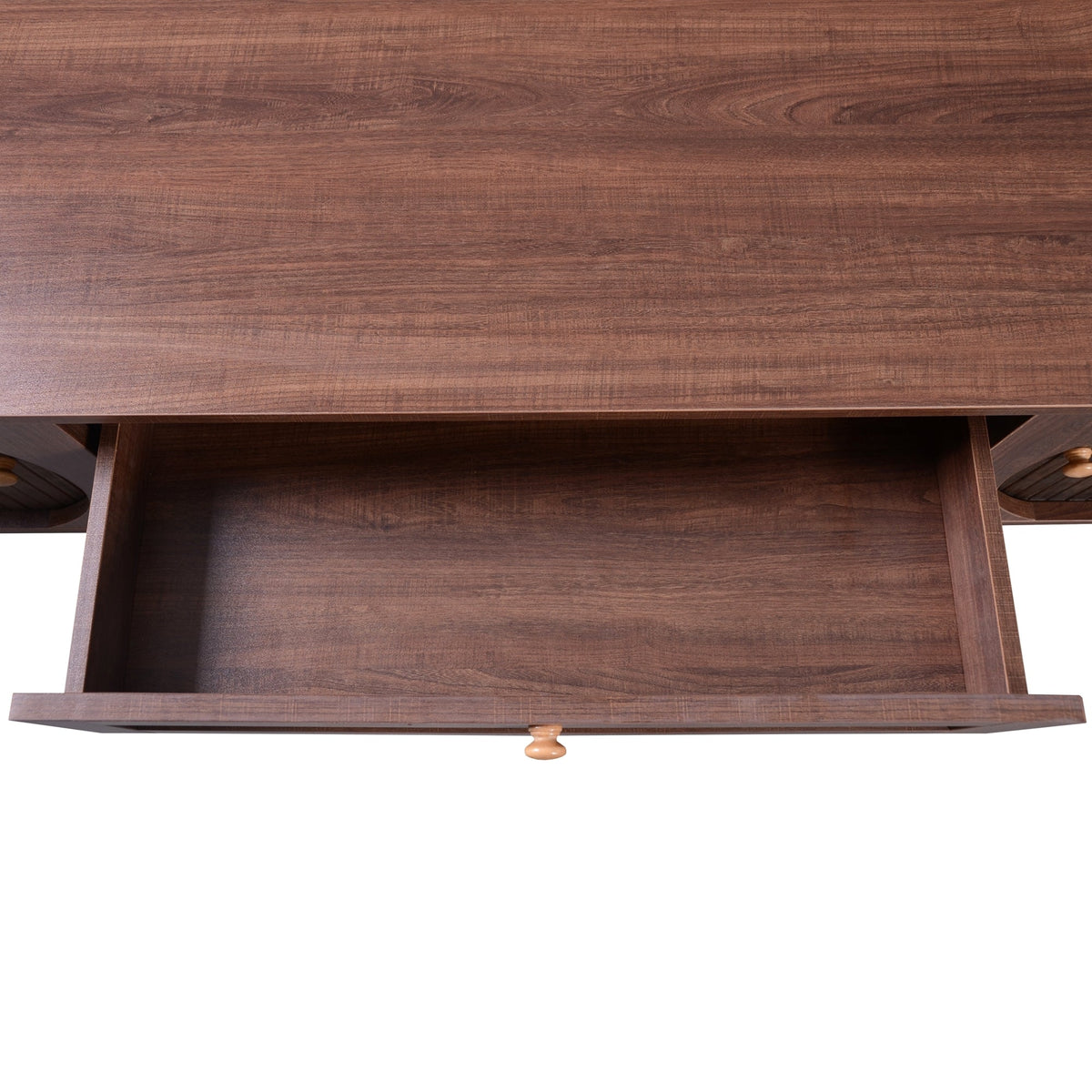 Modern farmhouse rattan TV stand in natural wood tones, holding a TV.