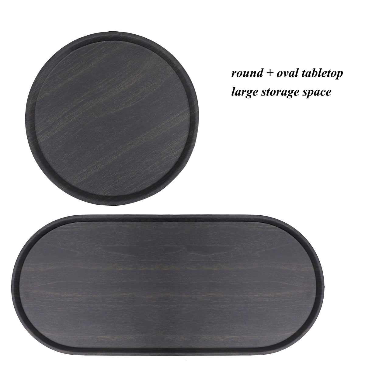 Two-tier round coffee table with oval end tables and storage tray.