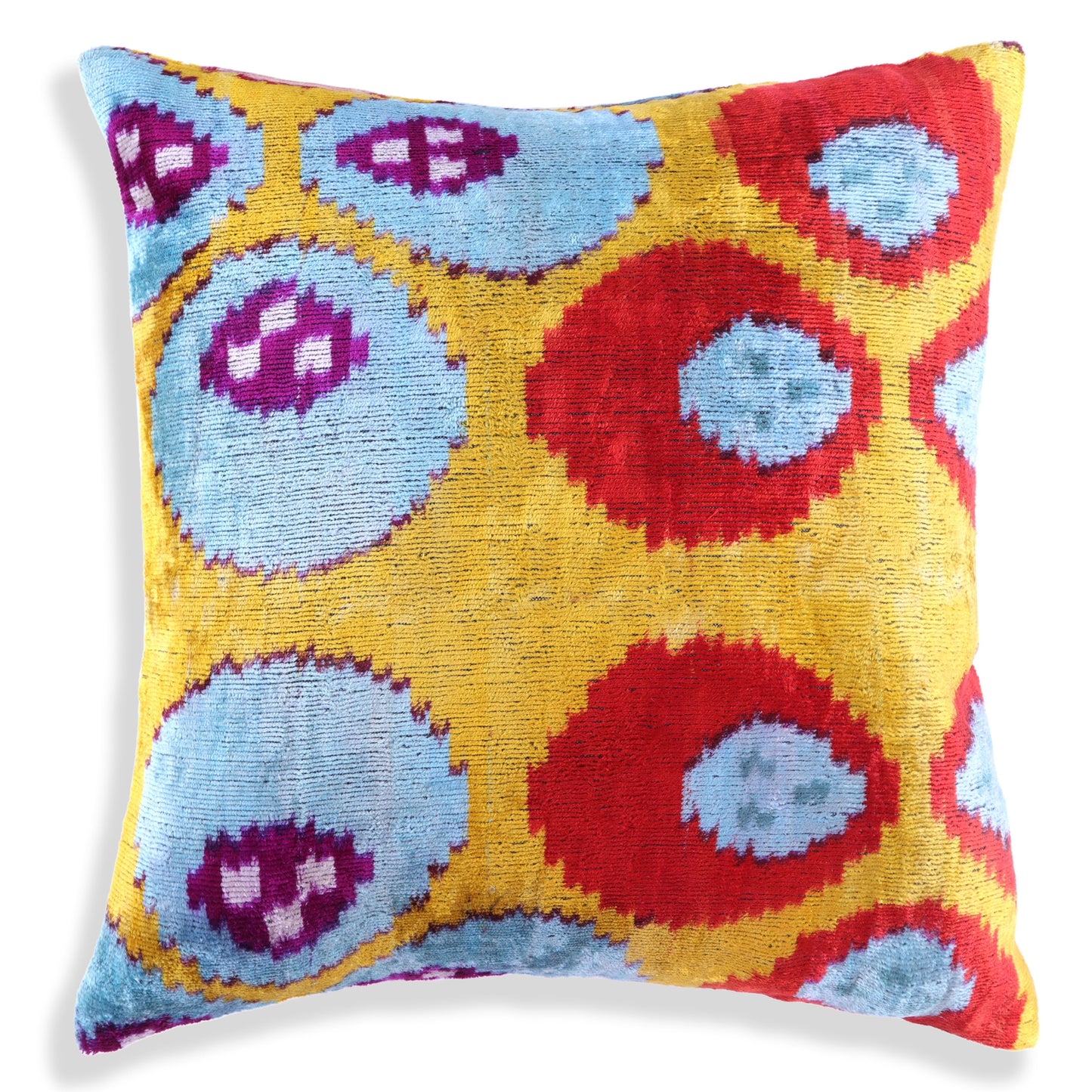 Handmade Yellow And Blue Dotted Ikat Silk Velvet Pillow 16x16 Inches