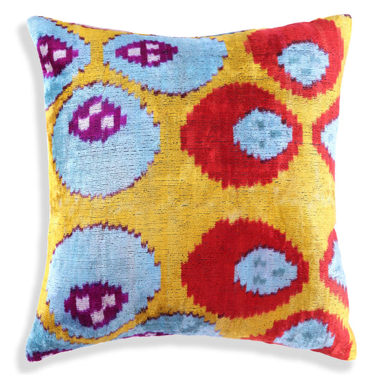 Handmade Yellow And Blue Dotted Ikat Silk Velvet Pillow 16x16 Inches