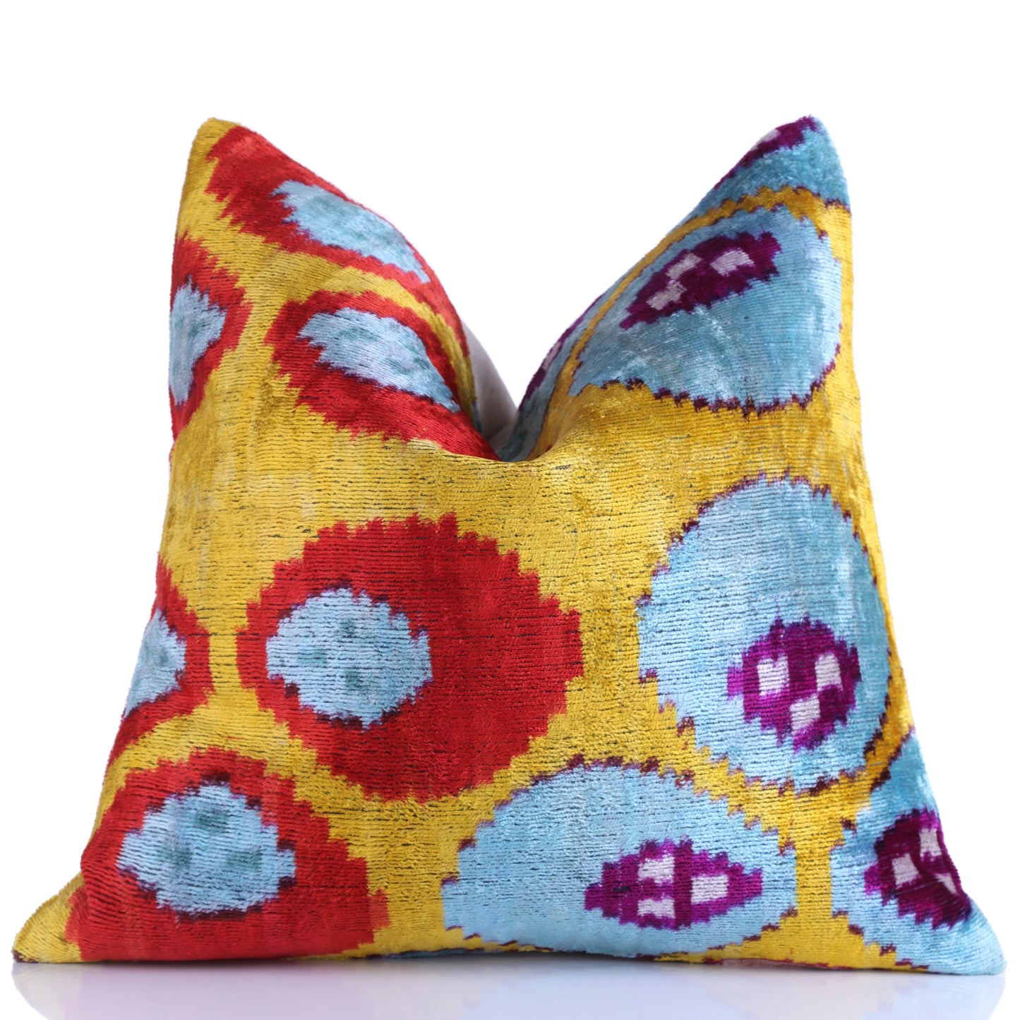Handmade Yellow And Blue Dotted Ikat Silk Velvet Pillow 16x16 Inches