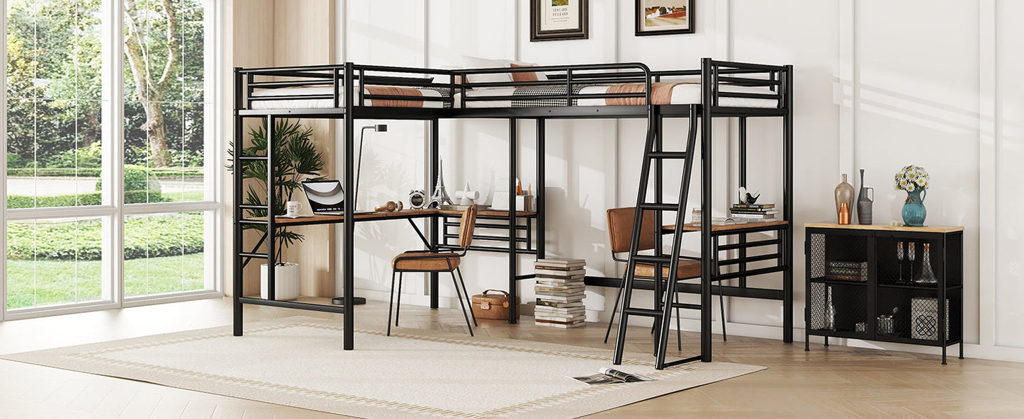 Twin Size Metal Loft Bed With Two Built-in Desks Black