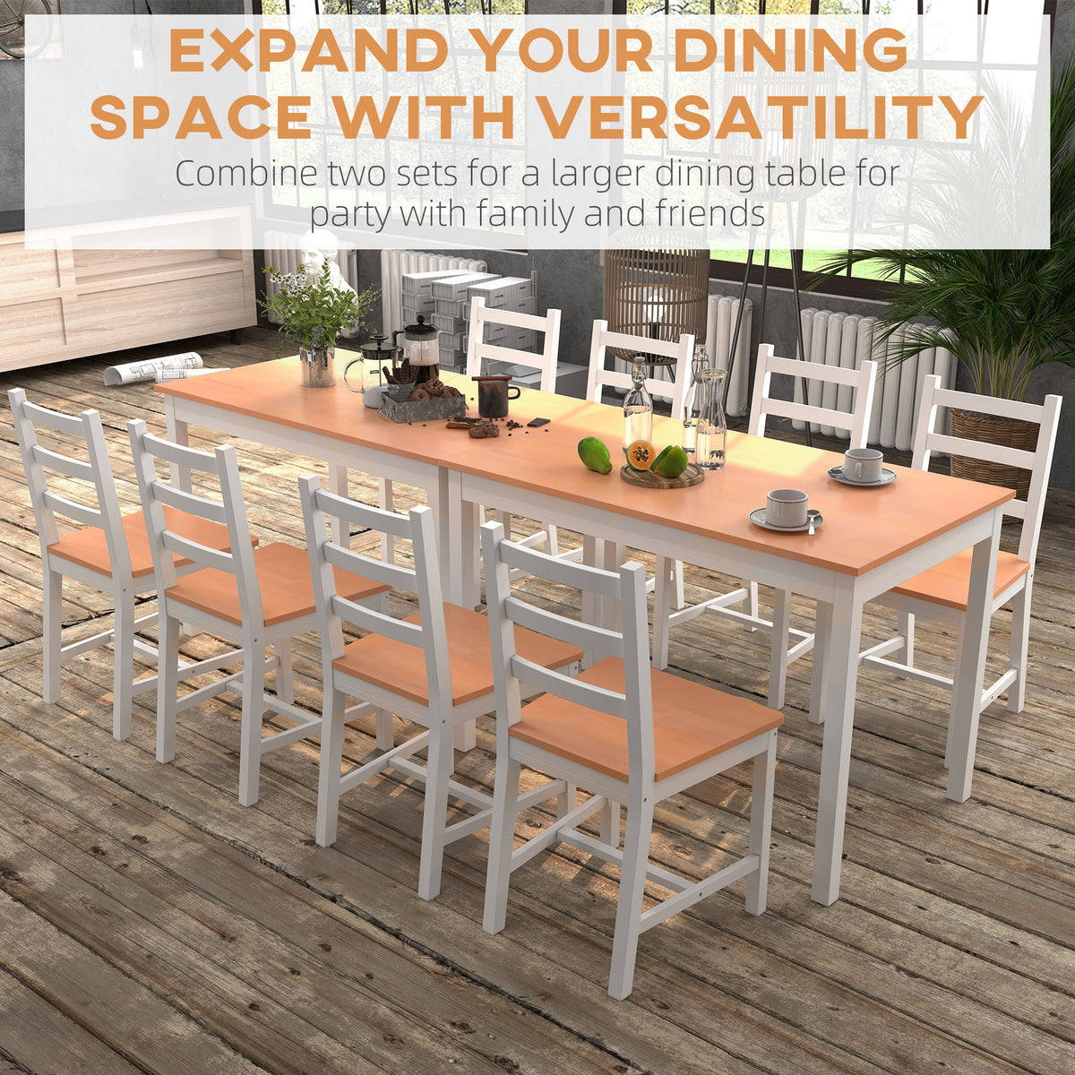 White solid wood dining set for four with modern table and chairs