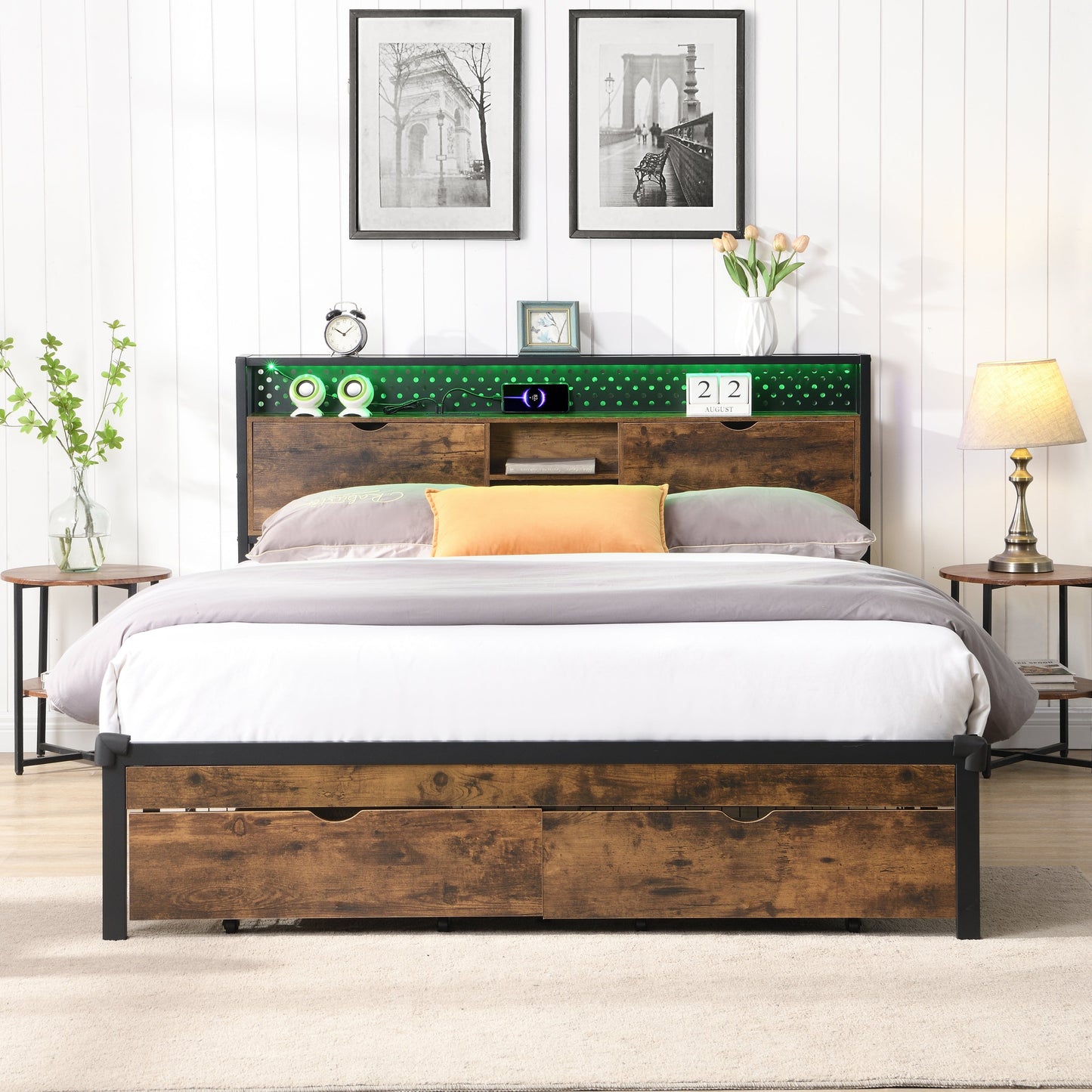 King Size Metal Platform Bed Frame with USB Charging Station