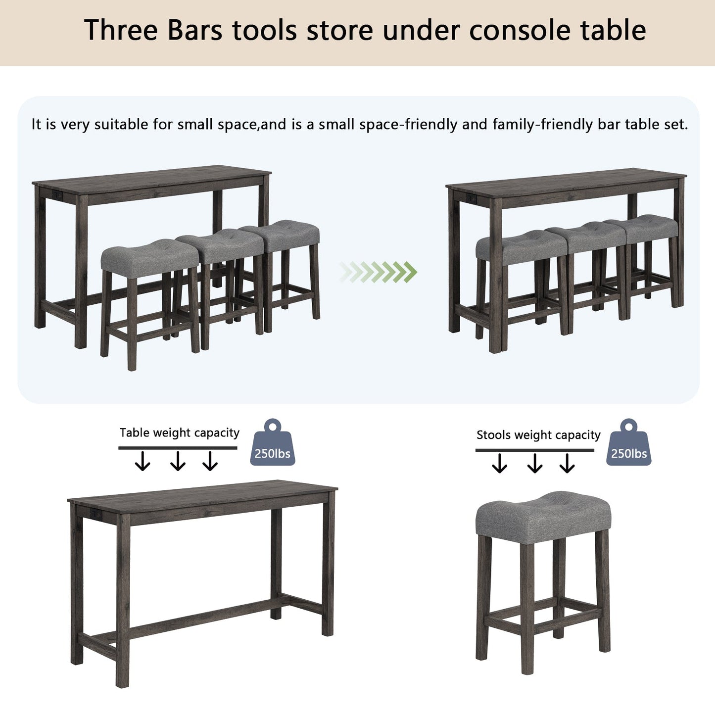 4 Piece Bar Table Set with Power Outlet Dark Gray Stools