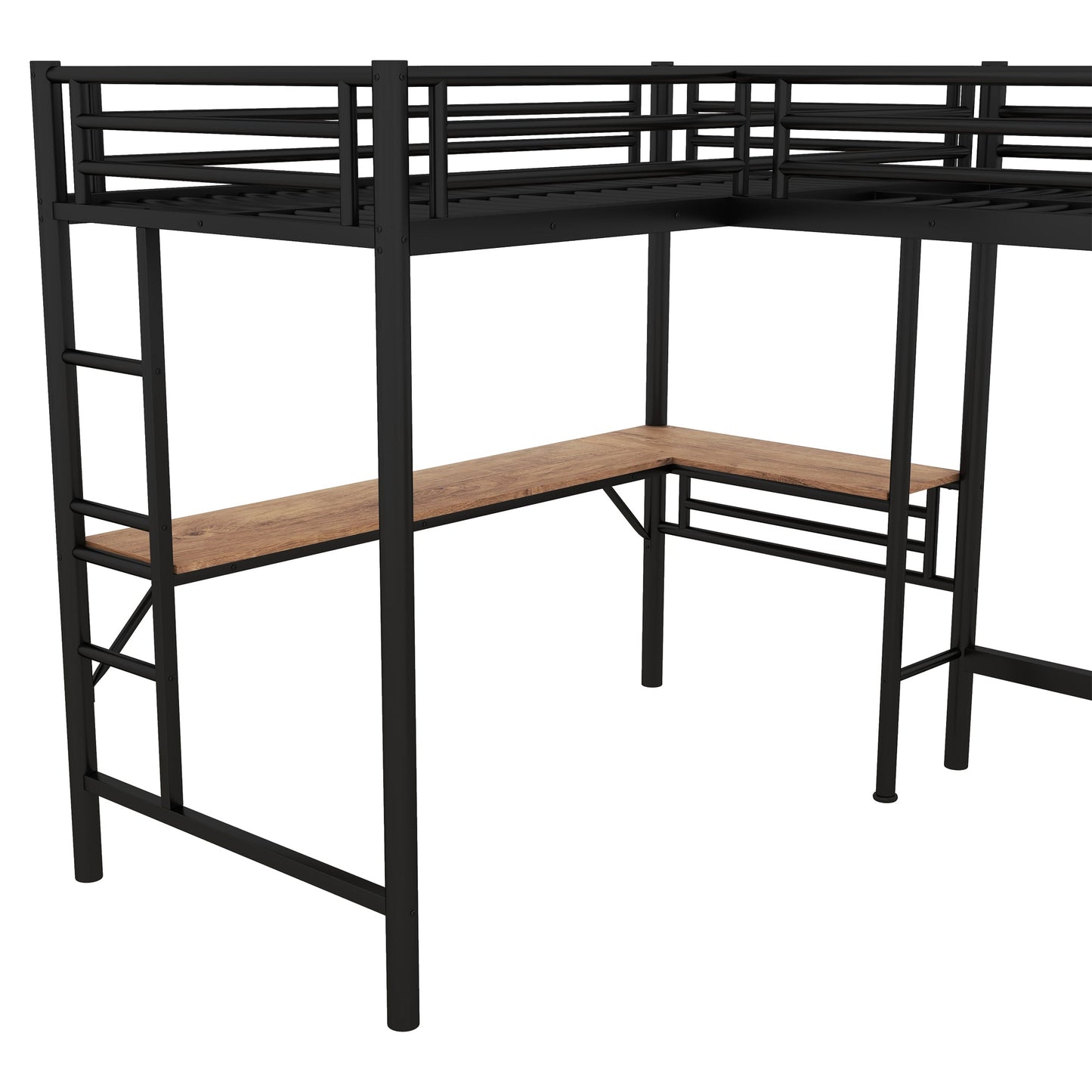 Twin Size Metal Loft Bed With Two Built-in Desks Black