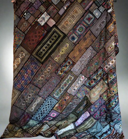 Antique Kuchi embroidered cotton patchwork tapestry bedspread with vibrant colors.