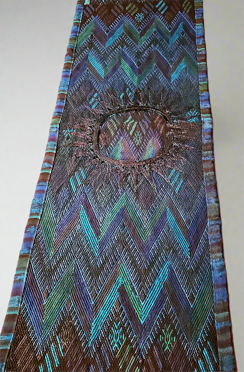 Blue Green Huipile Table Runner Handwoven In Guatemala Sunburst Design