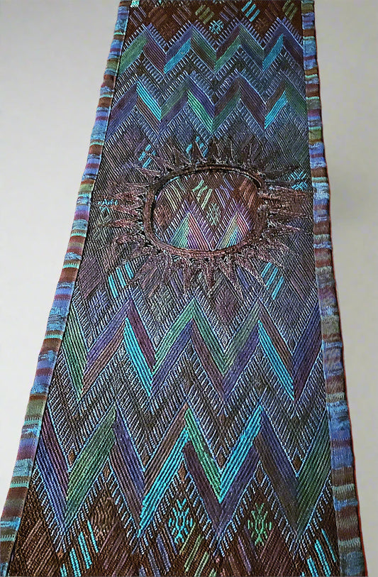 Blue Green Huipile Table Runner Handwoven In Guatemala Sunburst Design