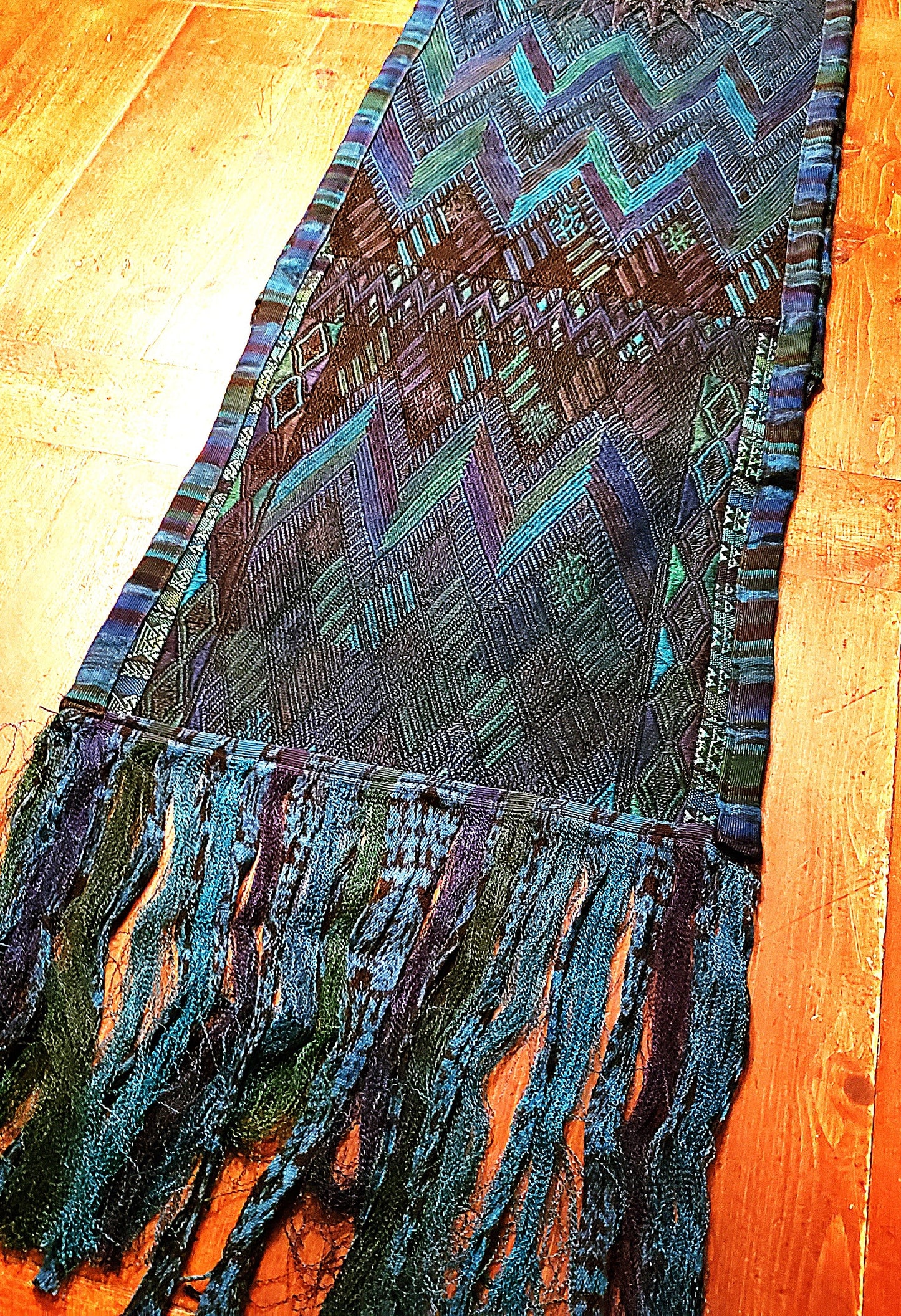 Blue Green Huipile Table Runner Handwoven In Guatemala Sunburst Design