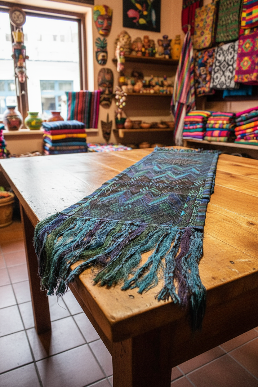 Blue Green Huipile Table Runner Handwoven In Guatemala Sunburst Design