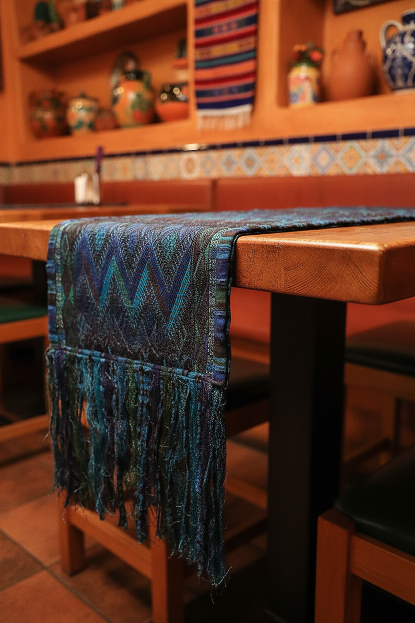 Blue Green Huipile Table Runner Handwoven In Guatemala Sunburst Design