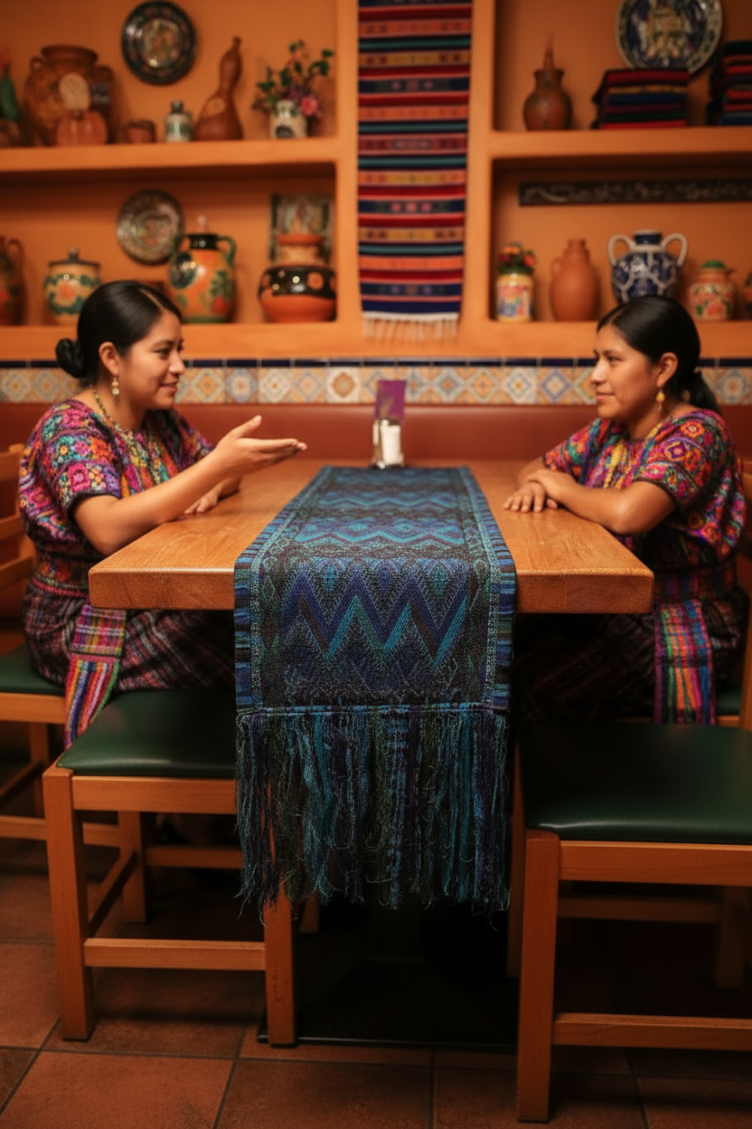 Blue Green Huipile Table Runner Handwoven In Guatemala Sunburst Design