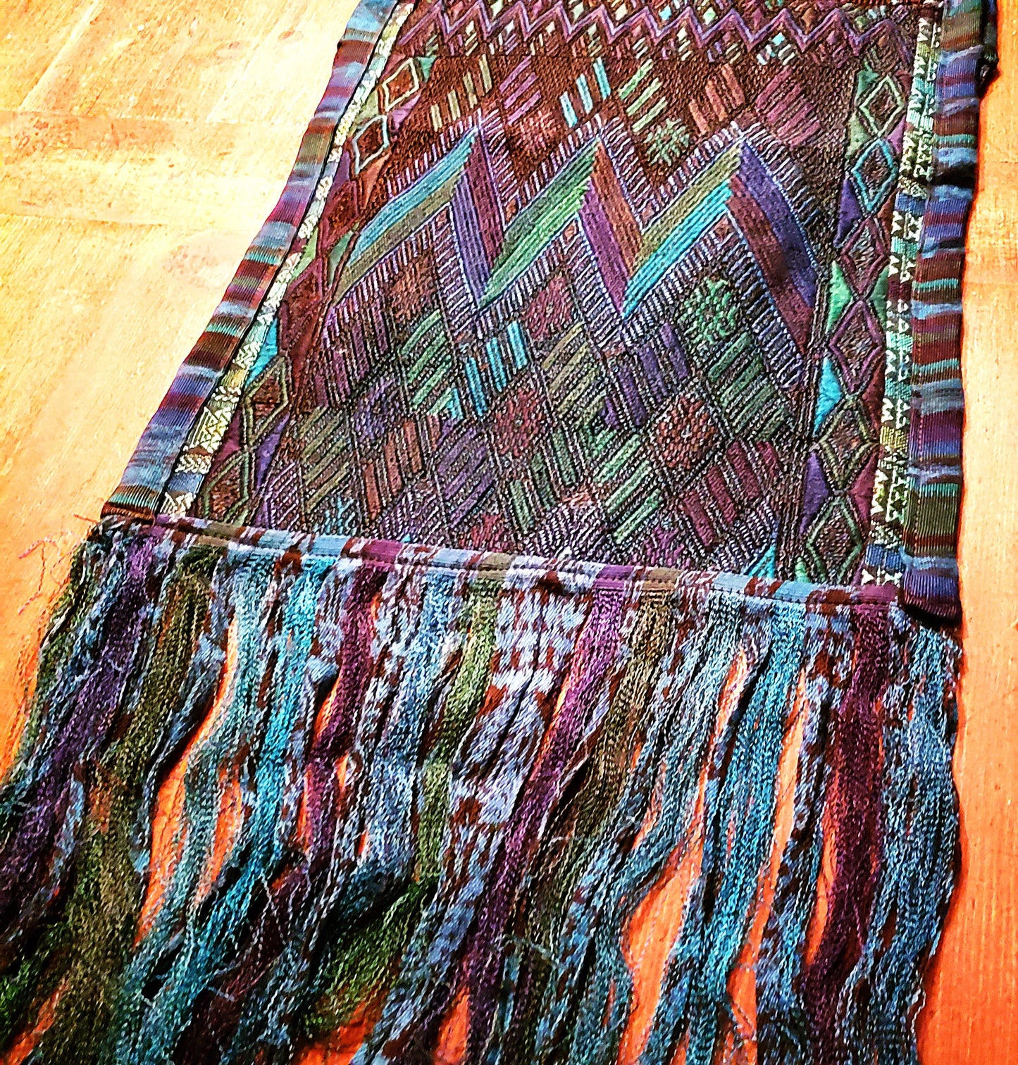Blue Green Huipile Table Runner Handwoven In Guatemala Sunburst Design