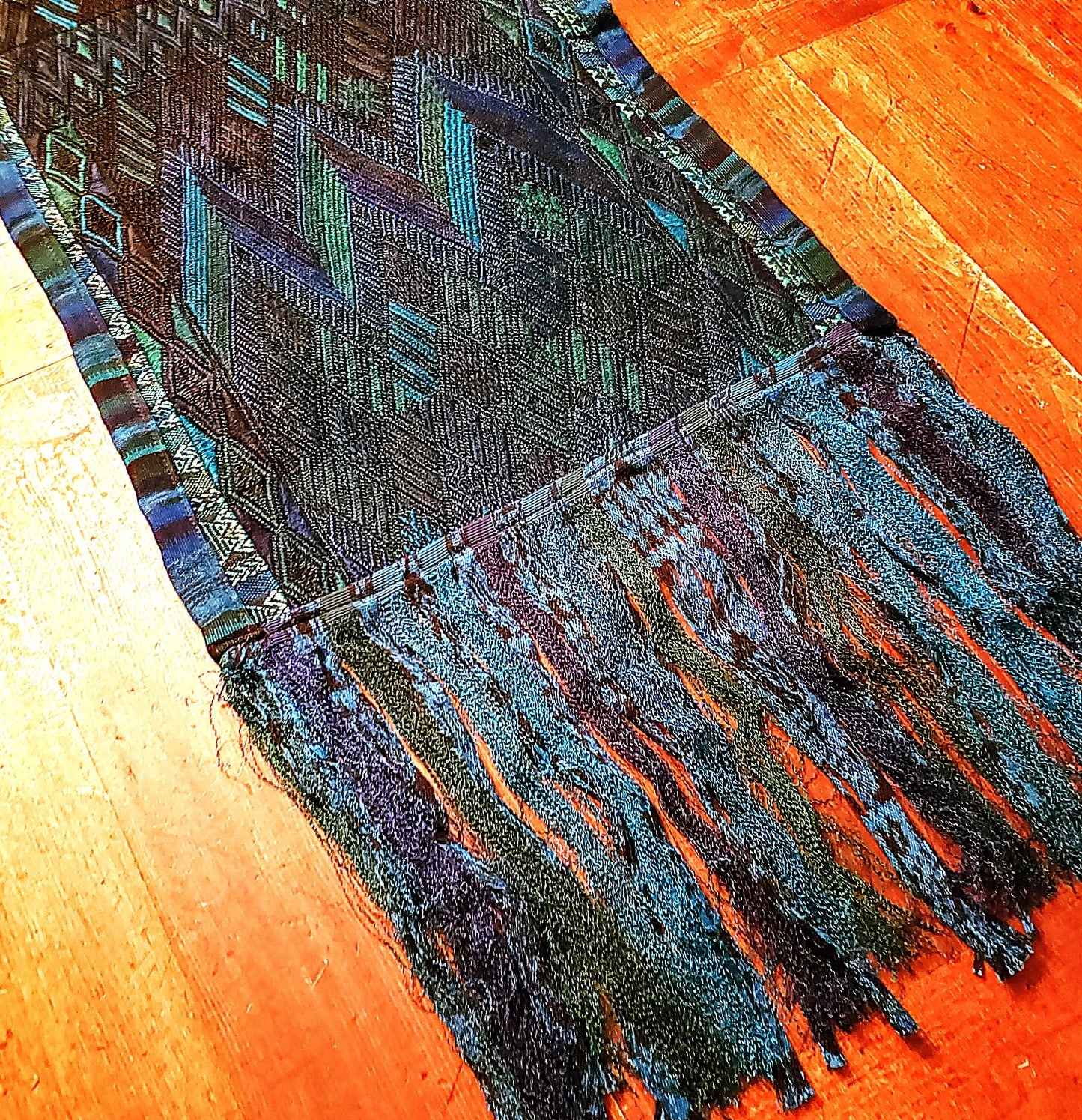 Blue Green Huipile Table Runner Handwoven In Guatemala Sunburst Design
