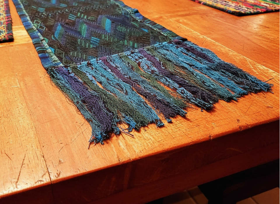 Blue Green Huipile Table Runner Handwoven In Guatemala Sunburst Design